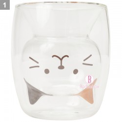 日本Fuku貓咪頭仔耐熱雙層玻璃杯(啡白)
