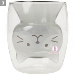 日本Fuku貓咪頭仔耐熱雙層玻璃杯(灰白)